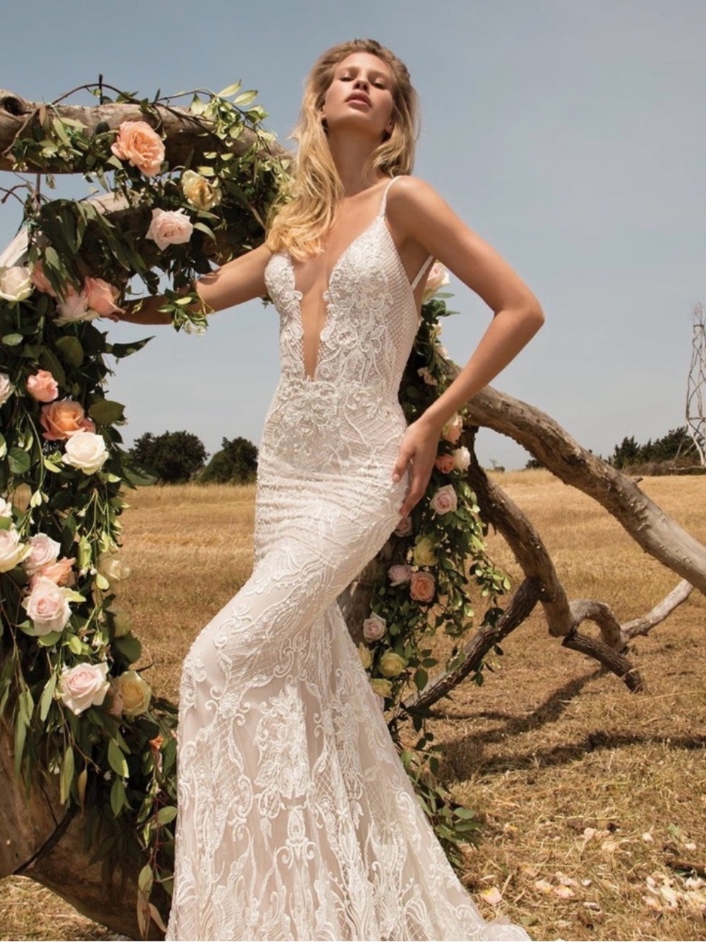 Illusion Plunge Lace Bridal Gown in White